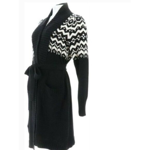 Isaac Mizrahi Live! Shawl Collar Fair Isle Cardigan with Belt Black Small - Picture 5 of 5